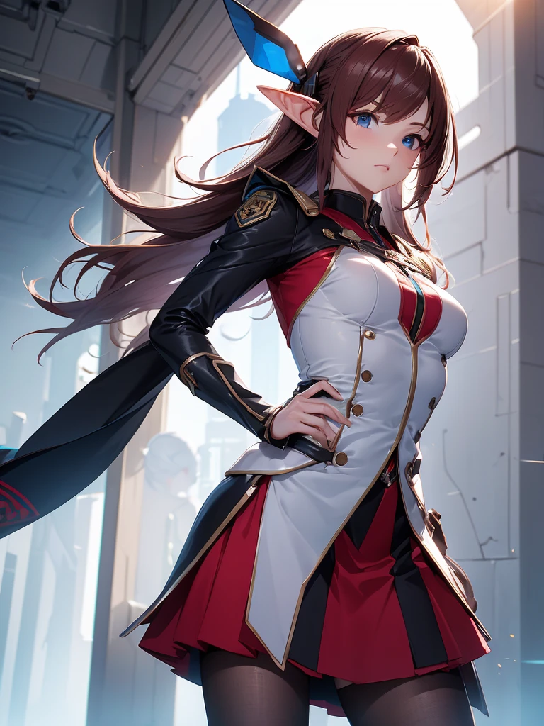 masterpiece, best quality, 8k, (highly detailed 3D rendering of a character named Ulc from SEGA's PSO2), elf-like female with pointed ears, (small gray woman's Garrison cap), (long straight dark red hair), (gray futuristic military-style uniform, including a fitted jacket with intricate white designs, shoulder epaulets, and a skirt), (annoyed, stupefied), (one hand near her ear as if she is communicating through a device), looking away, sunshine, (shiny skin)