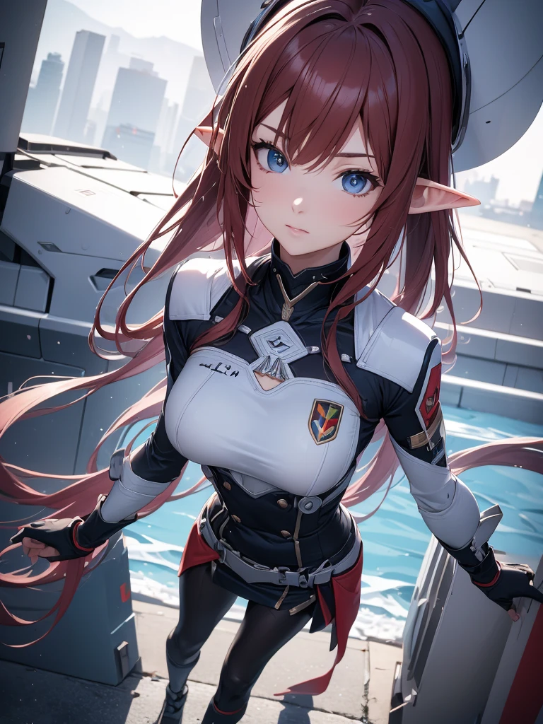 masterpiece, best quality, 8k, (highly detailed 3D rendering of a character named Ulc from SEGA's PSO2), elf-like female with pointed ears, (small gray woman's Garrison cap), (long straight dark red hair), (gray futuristic military-style uniform, including a fitted jacket with intricate white designs, shoulder epaulets, and a skirt), (annoyed, stupefied), (one hand near her ear as if she is communicating through a device), looking away, sunshine, (shiny skin)