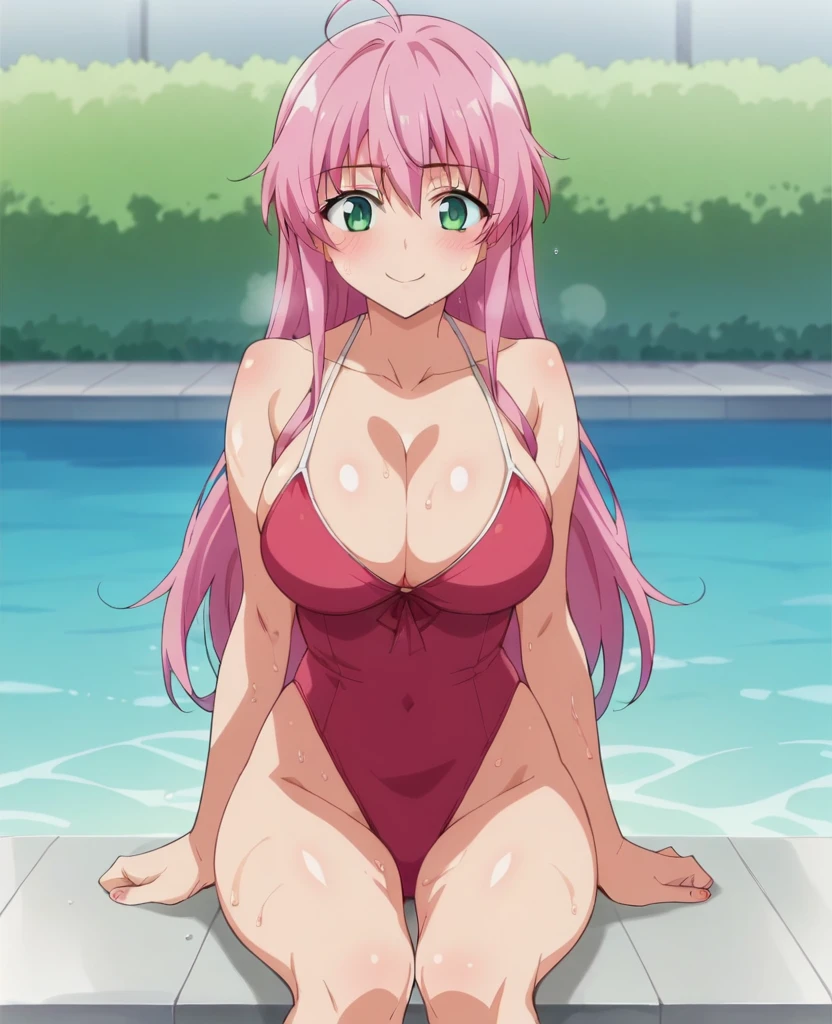 Lala Satalin Deviluke, Too Love, Kentaro Yabuki, score_9, score_8_superior, score_7_superior, score_6_superior, score_5_superior, score_4_superior, break, masterpiece, Highest quality, sauce_anime, (anime screencap, anime coloring, Flat Color, anime cels, 2D), break, One girl, Pink Hair, Long Hair, Big breasts swimming in water, Cleavage, blush, A light smile, Sitting, View your viewers, Cowboy Shot, Poolside, Green Eyes, superiorから, Sweat