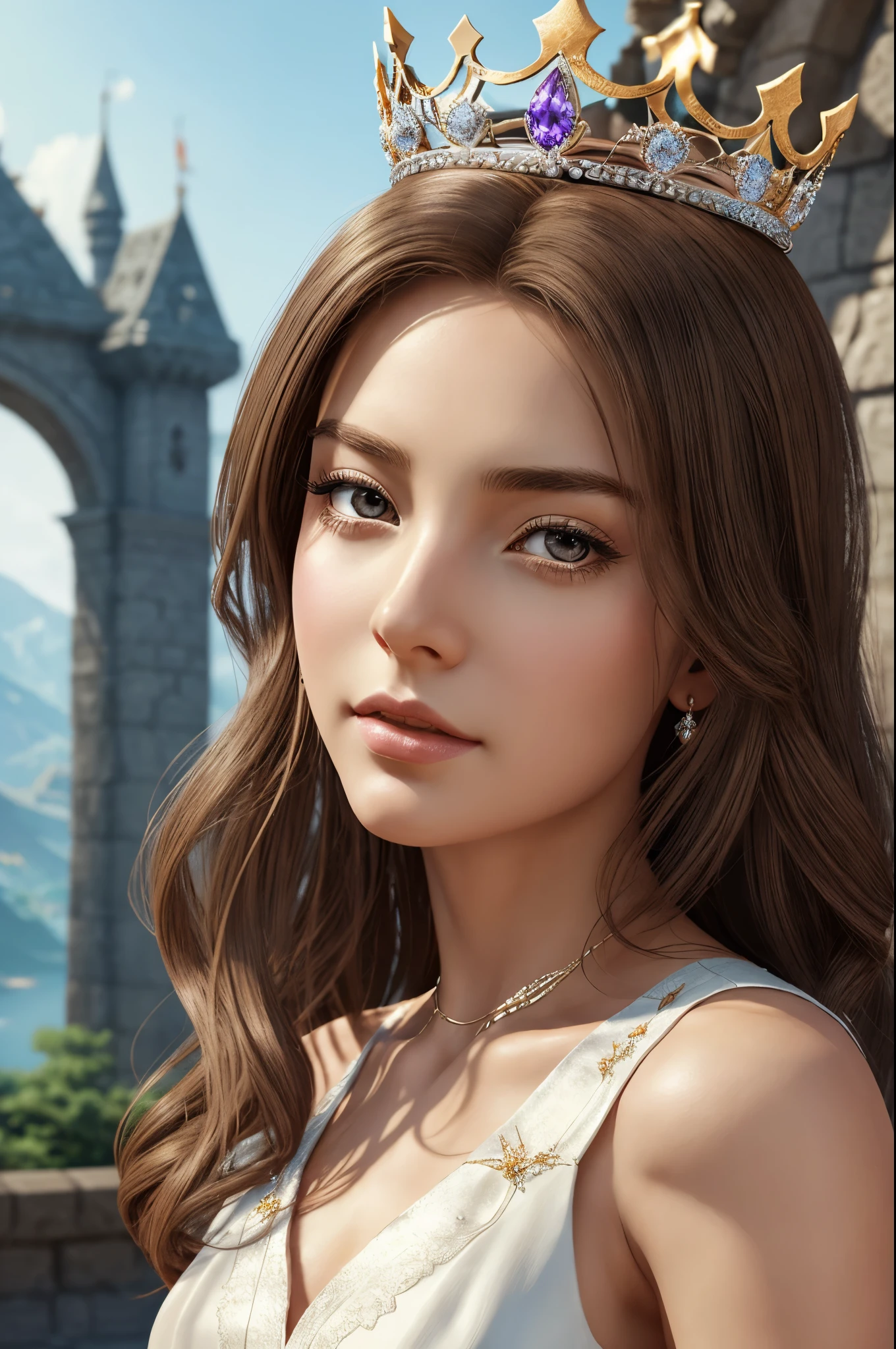 There is a woman in a white dress with a crown on her head, a beautiful fantasy queen, ((beautiful fantasy queen)), a portrait of a princess, a work of art in the Guvez style. 5D CGI anime fantasy artwork, 8K high quality detail art