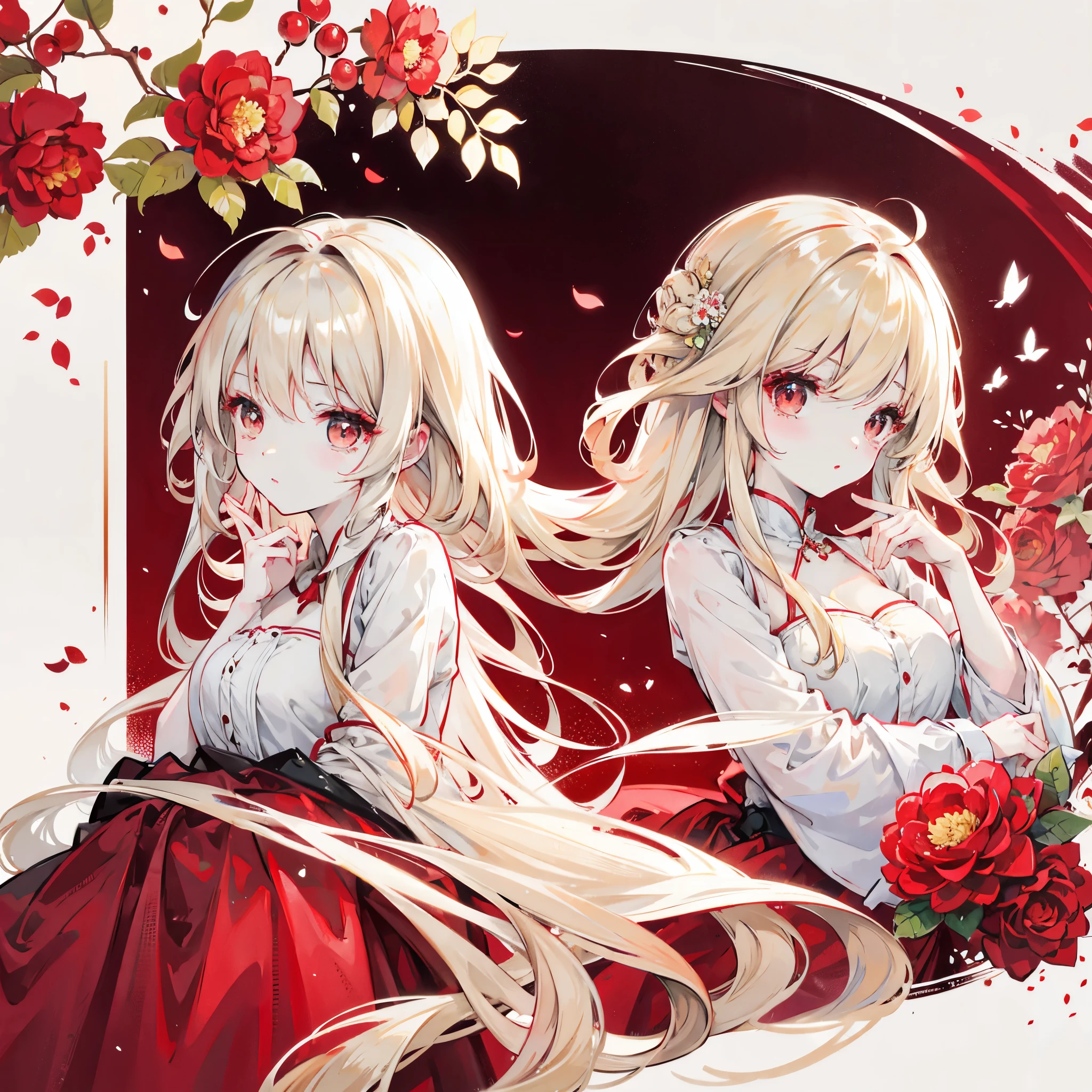 Beige Hair、Very long hair、Shiny Hair、high quality、Red eyes、camellia、Simple Background、White Background、Plain