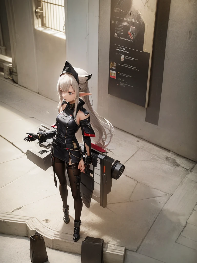 masterpiece, best quality, 8k, (highly detailed 3D rendering of a character named Ulc from SEGA's PSO2), elf-like female with pointed ears, (small gray woman's Garrison cap), (long straight dark red hair), (gray futuristic military-style uniform, including a fitted jacket with intricate white designs, shoulder epaulets, and a skirt), (annoyed, stupefied), (one hand near her ear as if she is communicating through a device), looking away, sunshine, (shiny skin)