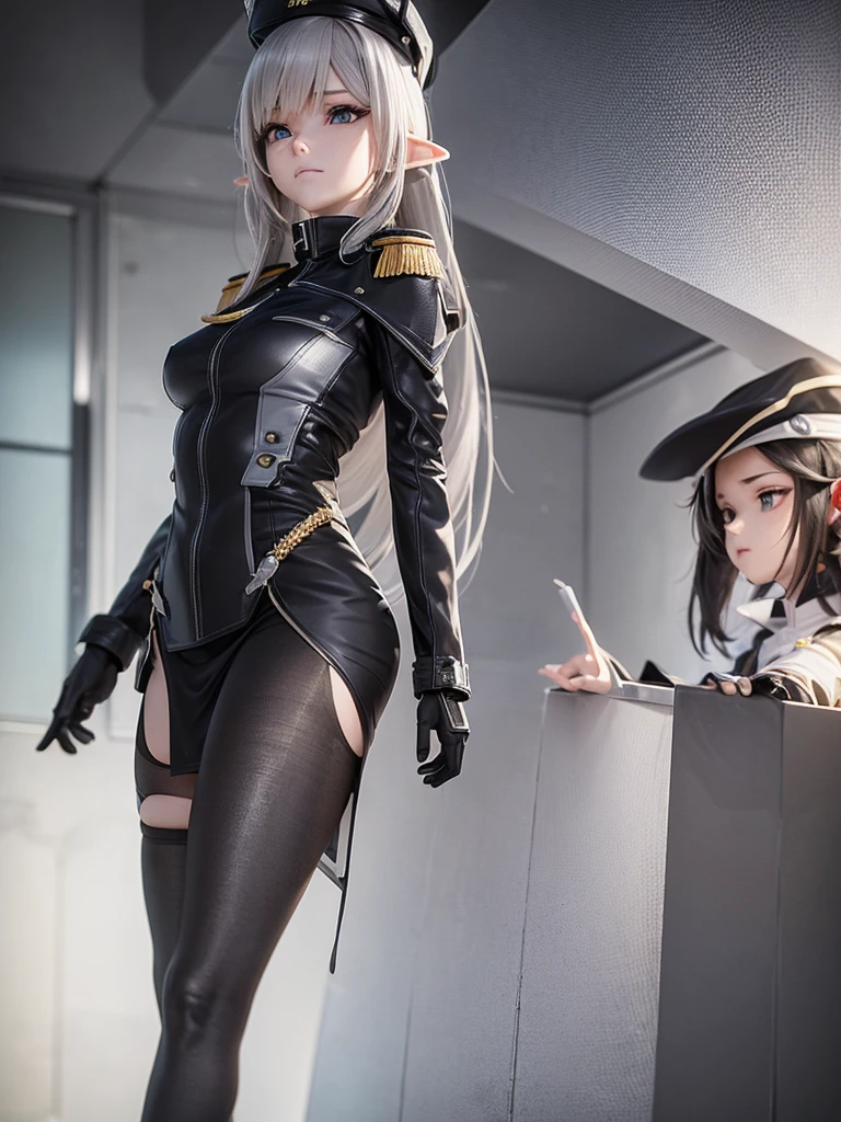 masterpiece, best quality, 8k, (highly detailed 3D rendering of a character named Ulc from SEGA's PSO2), elf-like female with pointed ears, (small gray woman's Garrison cap), (long straight dark red hair), (gray futuristic military-style uniform, including a fitted jacket with intricate white designs, shoulder epaulets, and a skirt), (annoyed, stupefied), (one hand near her ear as if she is communicating through a device), looking away, sunshine, (shiny skin)