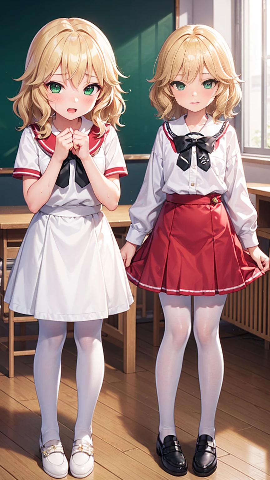 Highest quality,Highest quality,One girl,One boy,((((10 years old)))),Flat Chest,orgasm,blush, Sweat, Sakurai Momoka,Blonde,White Sarah Outfit,,Long skirt,whole body,classroom, White Pantyhose