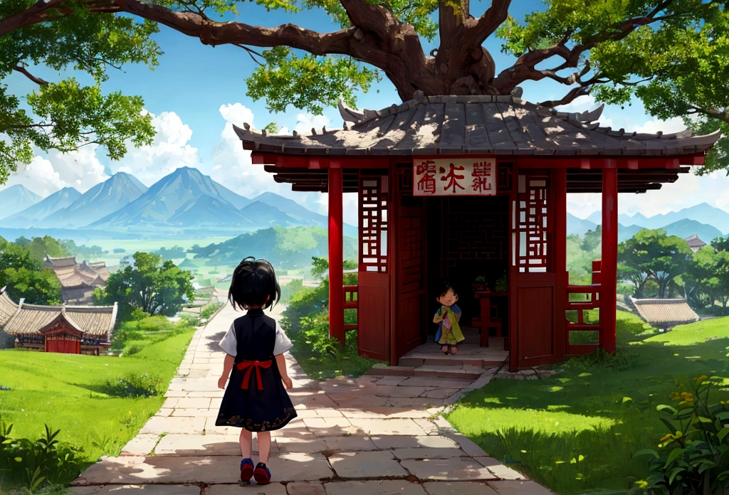 A small child from a Chinese village (viewed from behind) sat in the shade of a large tree at the village entrance, gazing at the distant mountains and dreaming about the world they would explore when they grew up.
