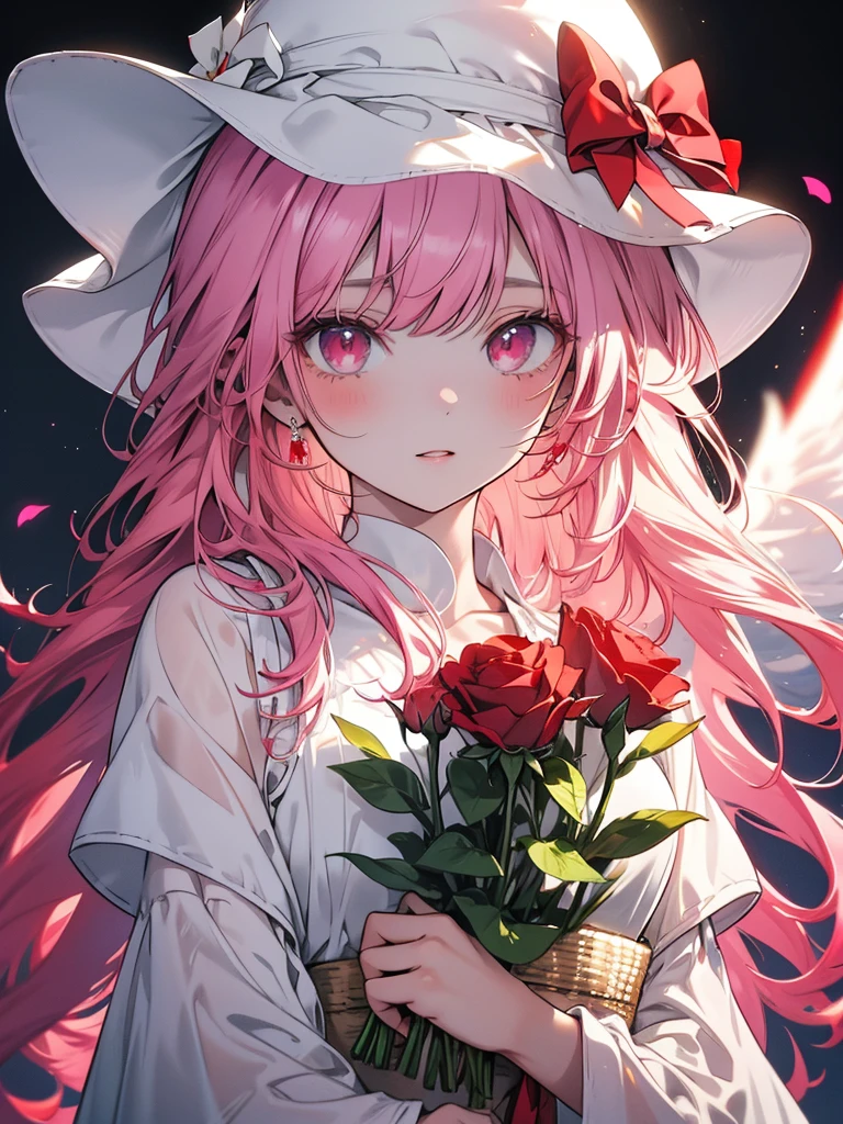 Create artwork of a girl in a flower field holding a bouquet of red roses, wearing a white dress and a sun hat, with medium-length pink hair, pink eyes, and a blush while holding a single red rose. She should have bangs and an expressionless face, and the artwork will showcase fine detail with a depth of field effect.