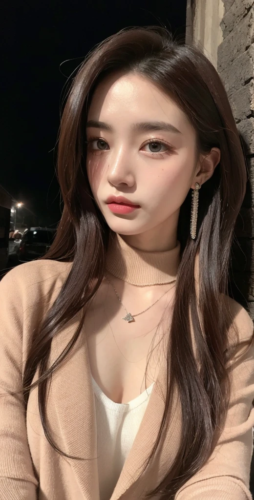 (masterpiece, best quality, 1 girl, solo, intricate details, chromatic aberration), realistic, ((medium breath)),long hair, red hair, red decoration on the head, pink highlights, amber eyes, earrings, sharp eyes, necklace, neon shirt, ripped shorts, unbuttoned jacket, turtleneck, night, against the wall, brick wall, graffiti, dim lighting, alley, look at the viewer