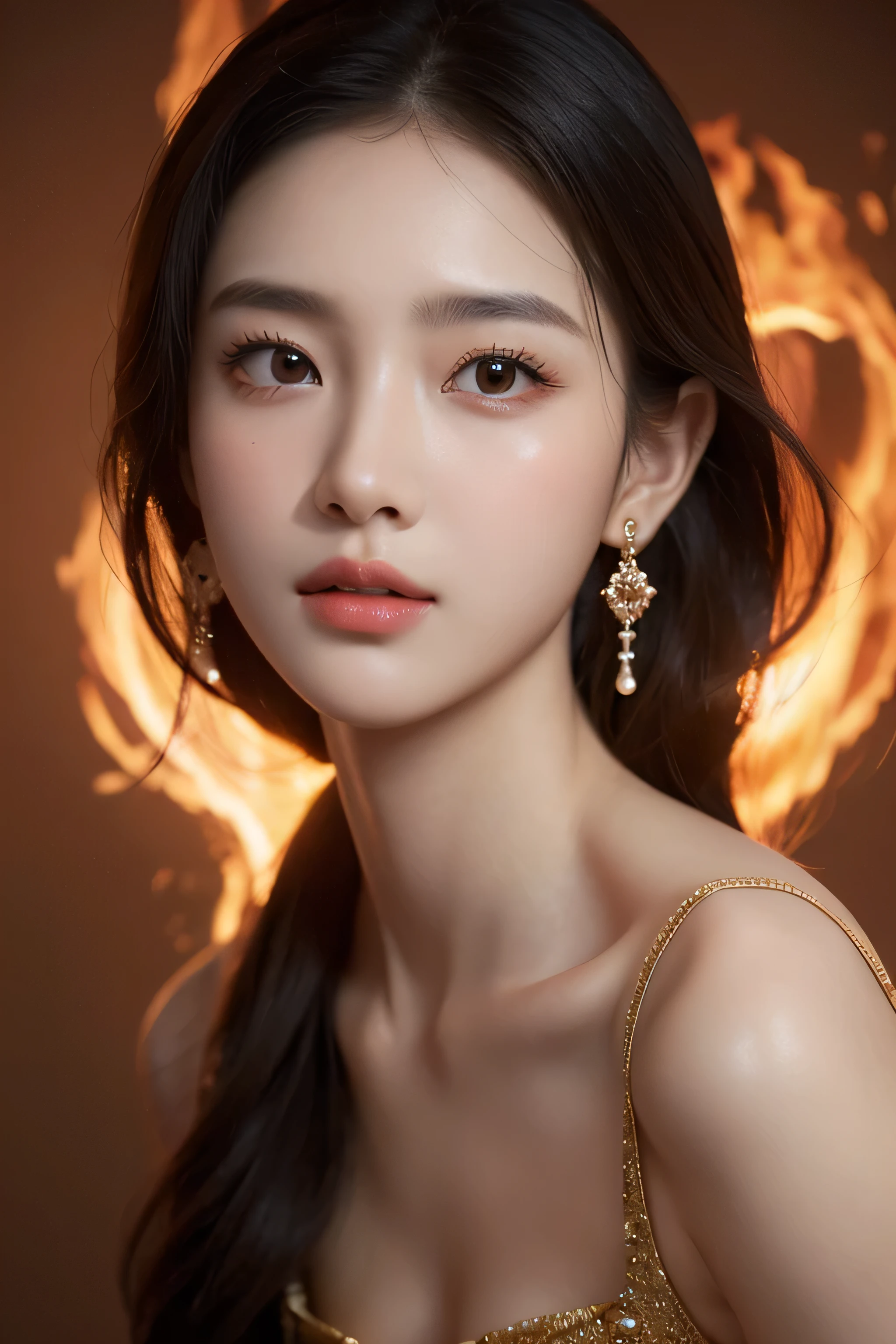 best quality,masterpiece,Ultra-high resolution,(photoPractical:1.4)1 Girl,beautiful_Face,Delicate skin,whole body,yuhuoshu,Jewelry,Solitary,earrings,(fire:1.3),Vague,Practical,Lips,