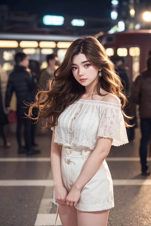 1womanl、Early 20s、(Strong-willed super beautiful woman)、(ultra beautiful faces)、Wearing makeup、Wavy brown hair、Standing on the station platform in the big city at night、Background is a stationary train、Shallow depth of field