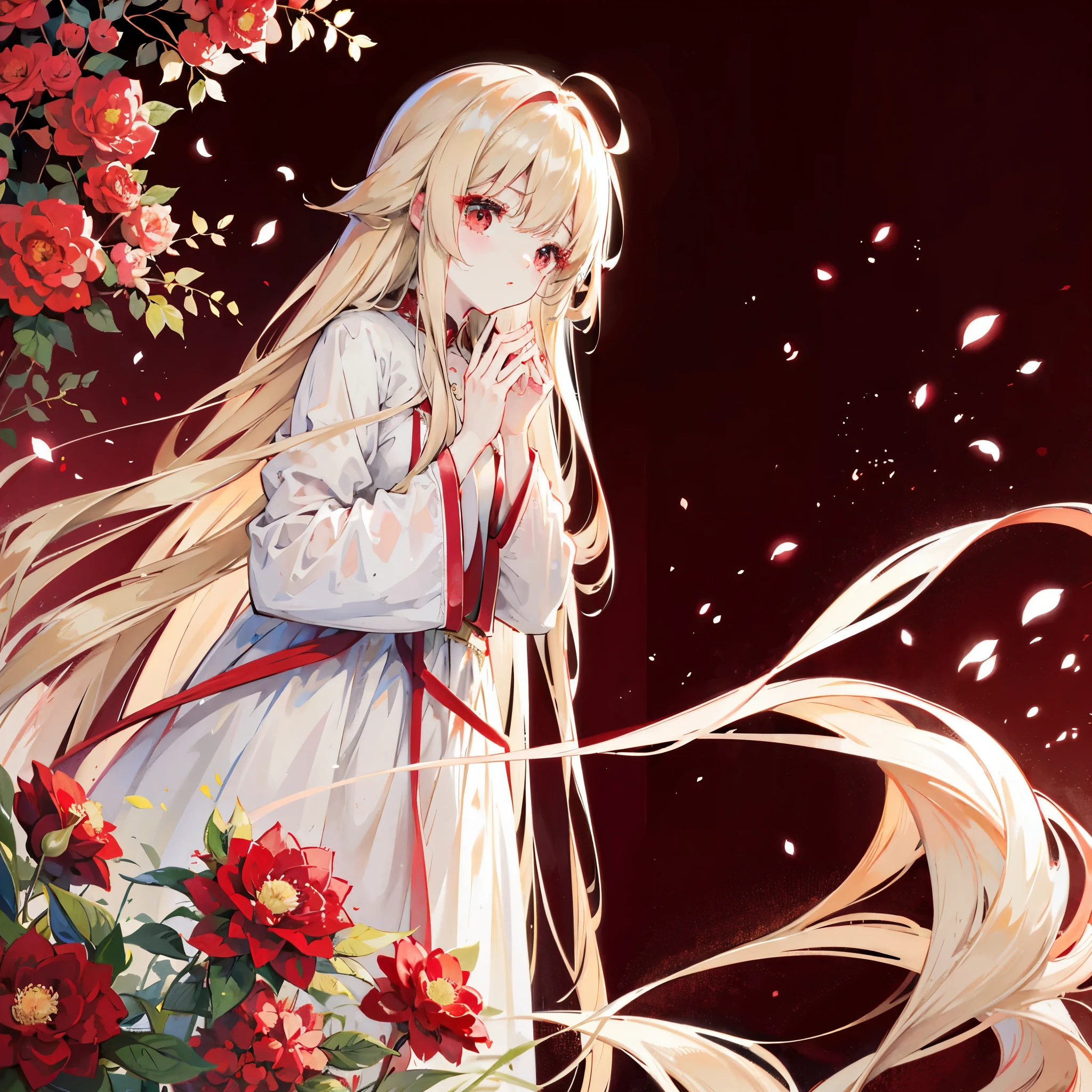 Beige Hair、Very long hair、Shiny Hair、high quality、Red eyes、camellia、Simple Background、White Background、Plain