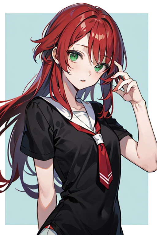 ((best quality)), ((masterpiece)), (detailed), perfect face，long hair，red hair，green eyes, ((tomboyish girl))，skinny body，junior high school student，