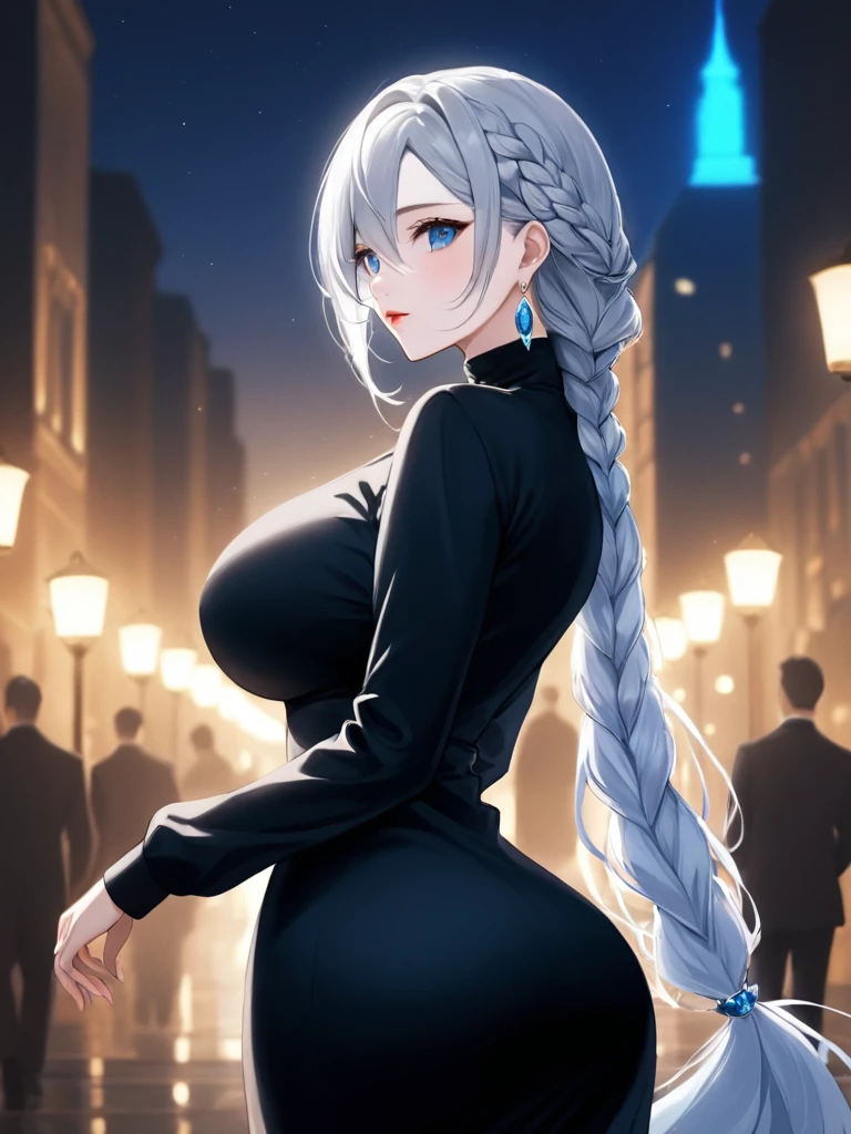 { - anatomy error} (Masterpiece, Best Quality) ultra 8k cg, masterpiece, ((ultra detailed background, delicate pattern, intricate detail)), (highly detailed, fine detailest quality, 1girl, (photorealistic:1.4),beautiful lighting, absurdres, RAW photo, film grain, ((big breasts, slim girl)), 1girl, MeiMei, solo, long hair, braid, dress, hair over one eye, smile, long sleeves, braided bangs, black dress, braided ponytail, white hair, puffy sleeves, standing, blue opal eyes, turtleneck dress, makeup, grey hair, red lips, one eye covered, lipstick, parted lips, single braid, (complex detailed background, outside, environment, cowboy shot, from behind), crow background, long chandelier earrings , makeup, eyeliner,eye shadow,sharp jawline, foundation, bracelet,