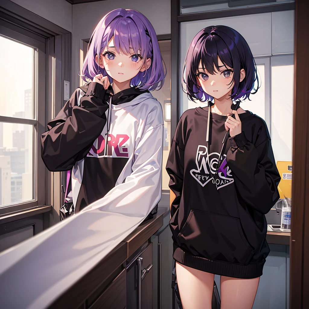 best qualityer,high resolution,girl with short purple hair brown eyes with black sweatshirt,room