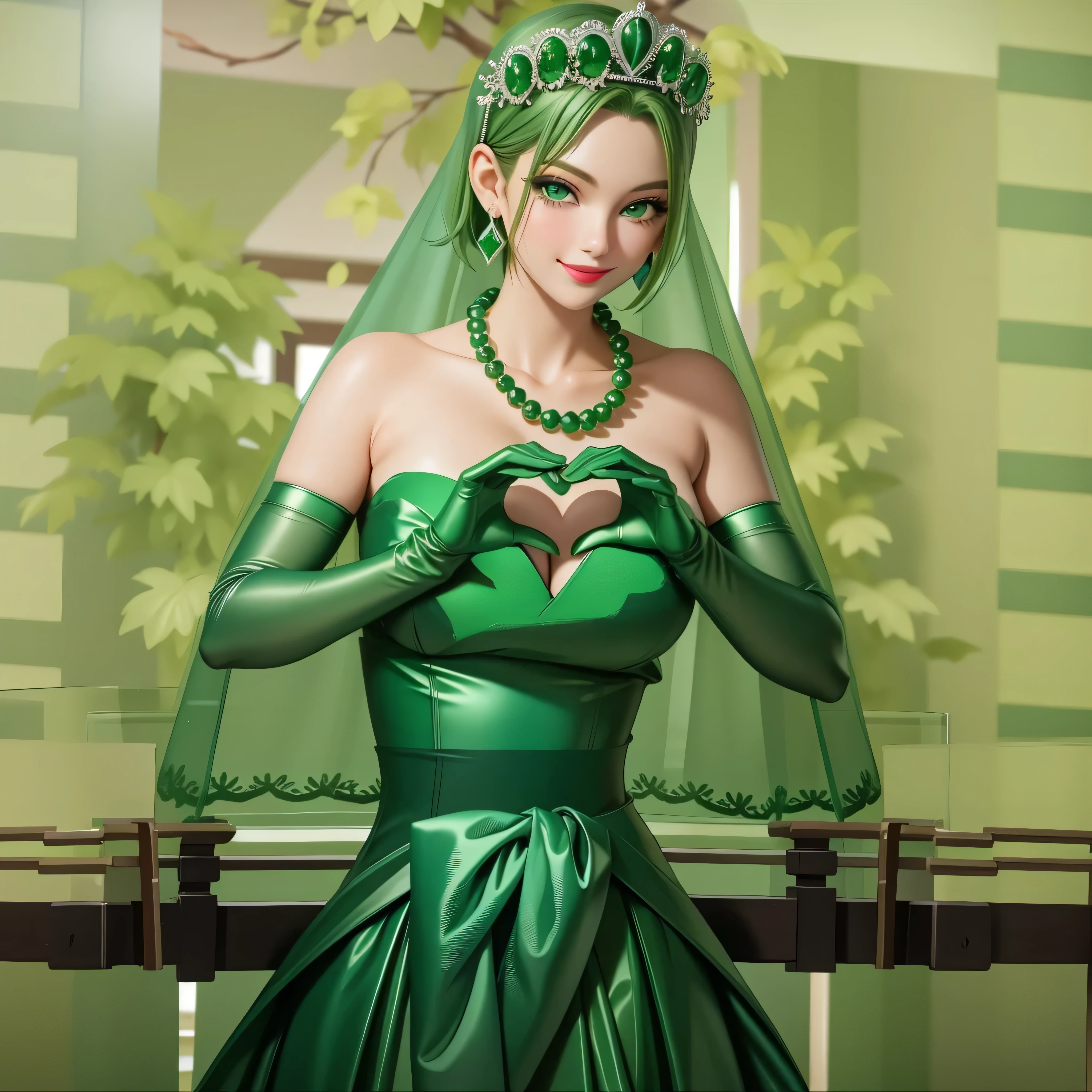 emerald tiara, Green Pearl Necklace, Boyish very short green hair, Green Lips, Smiling Japanese woman, Very short hair, Busty beautiful lady, Green Eyes, Green satin long gloves, Green Eyes, Emerald Earrings, Green veil, Heart with both hands, Green Hair, Beautiful Japanese Woman, Heart shaped hands:1.3, green lip gloss