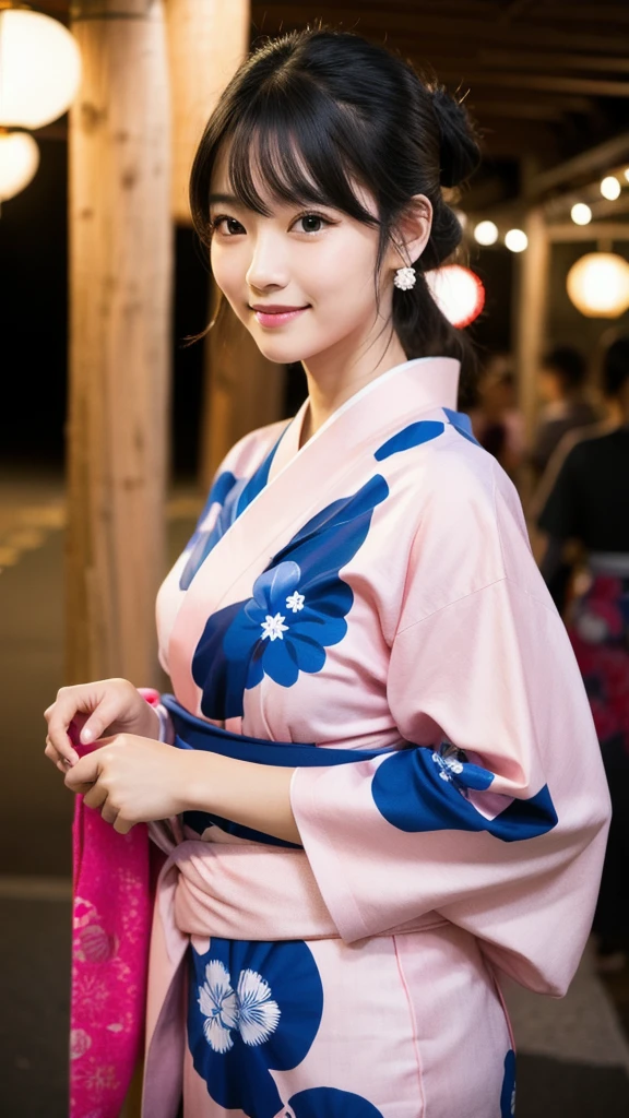 (8K, Realistic, RAW Photos, Highest quality: 1.4, detailed),Japanese idol-style beautiful girl,1 person,18-year-old,(Black Hair),Hair tied up,Large, clear grey eyes,Long eyelashes,(piercings(small)),(Lip gloss),lips(Plump,glossy),thin long neck,Thin and delicate shoulders,yukata(Traditional Japanese cool dress,Long length,Pale pink,Cotton Fabric),Thick obi,Night Festival,Front view,Looking at the camera and smiling sweetly,Knee Top Portrait