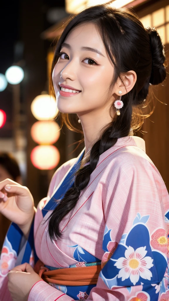 (8K, Realistic, RAW Photos, Highest quality: 1.4, detailed),Japanese idol-style beautiful girl,1 person,18-year-old,(Black Hair),Hair tied up,Large, clear grey eyes,Long eyelashes,(piercings(small)),(Lip gloss),lips(Plump,glossy),thin long neck,Thin and delicate shoulders,yukata(Traditional Japanese cool dress,Long length,Pale pink,Cotton Fabric),Thick obi,Night Festival,Front view,Looking at the camera and smiling sweetly,Knee Top Portrait