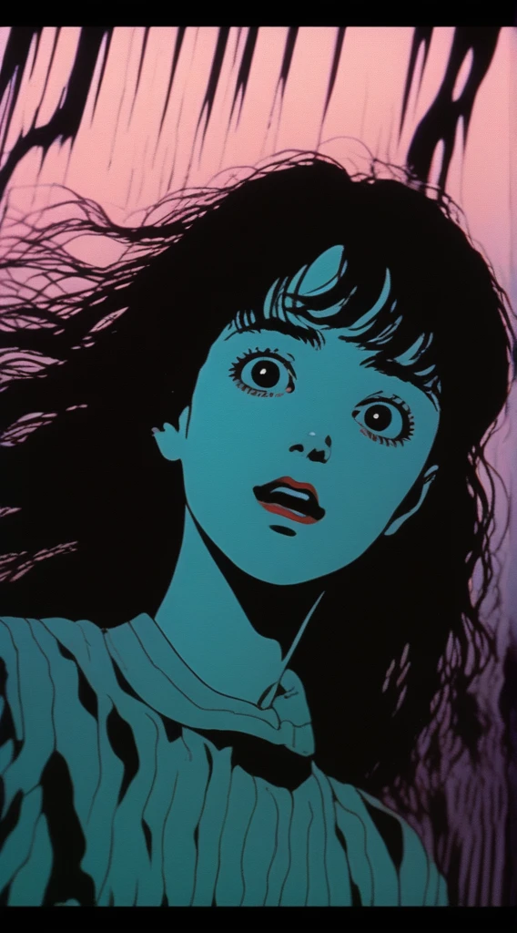 Analog style, vhs style, 8mm film, chromatic aberration, Dvd screengrab, from 80s horror movie, directed by Junji Ito I close my eyes Oh God I think I'm fallin' Out of the sky I close my eyes Heaven help me, high detail, realsitic shadow