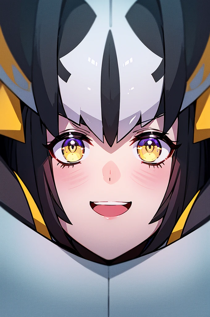 (masterpiece), best quality, expressive eyes, perfect face, a white color girl, short white spiky hair, ((dark black sclera)), yellow eyes, smiling, ((white color flesh tone)), white armor clothes, looking at viewer, ((shot from below)), face close up