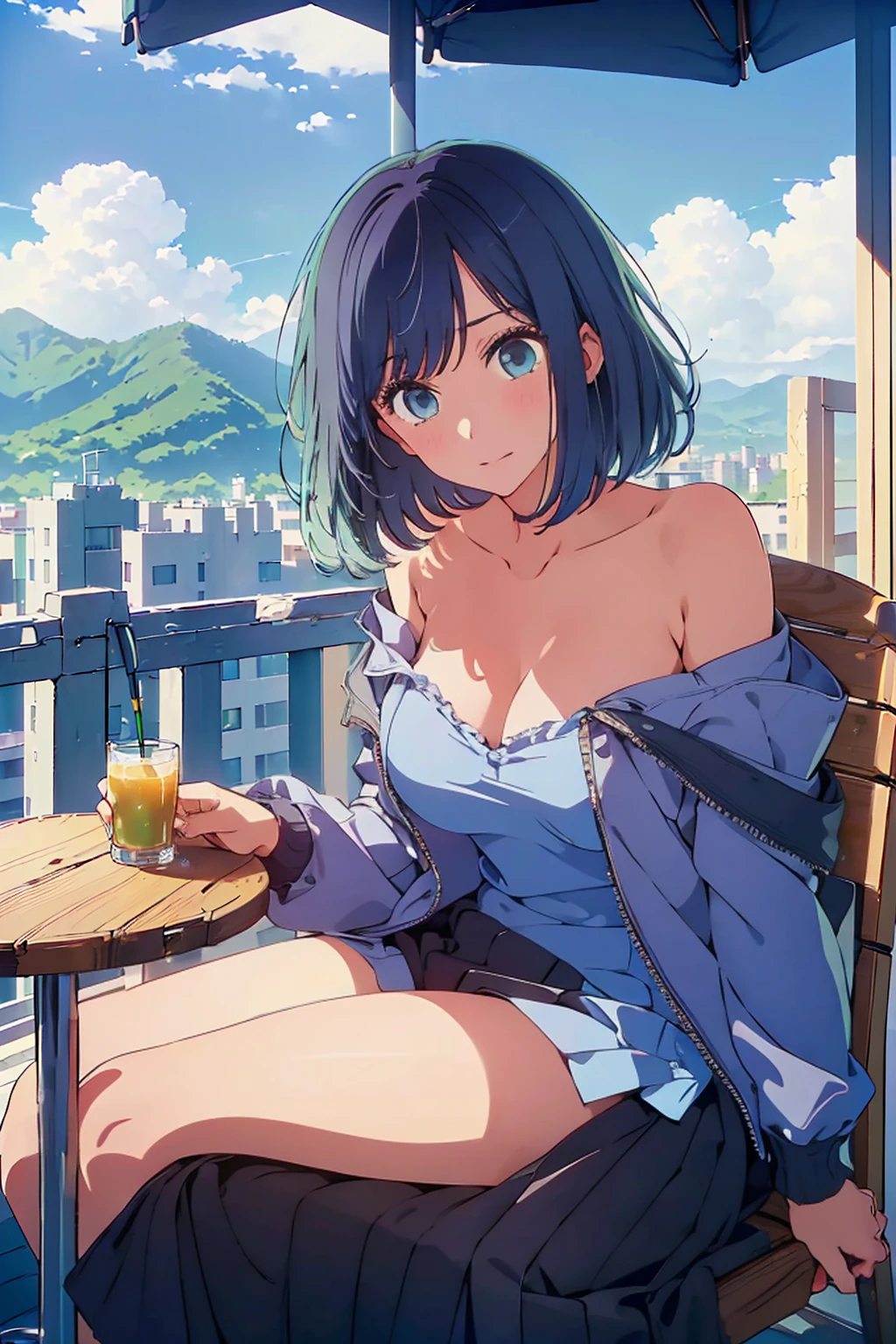 (Highest quality:1.4、masterpiece:1.4、Super detailed:1.4、Ultra-high resolution:1.4、8K:1.4)、Slim body、Big Breasts、((((1 person、Surprised expression、sit、Chair、In the background are the urban buildings of Tokyo、looking at the camera、Outdoor café terrace、juice、table、Get up close and take a photo、Very cute face))))、((((nude、very beautiful areola))))、(Cheek resting on hand:1.4)、(((Take off your black off-the-shoulder zippered jacket)))、Very blue sky、A completely cloudless sky