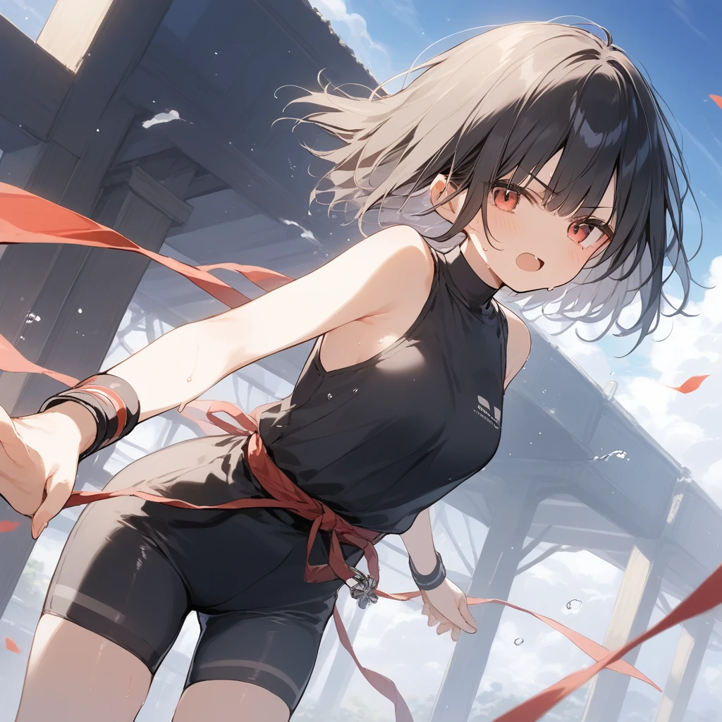 score_9, score_8_up, score_7_up, source_anime, best quality, masterpiece, official art, absurdres, highres, ultra-detailed,waifu2x,Collection: Slice of Life,break,1girl, tomboy, short hair, blunt bangs, bob cut, small breasts, serious eyes, beautiful detailed eyes, ninja, bike shorts, sweat, open mouth, heavy breathing, outdoors, wind, break,(clear line illustration:1.2),very high resolution, very aesthetic, super detailed skin, Best sexual lighting powered by famous artist, 8k,cute picture,beauty illustration,photoshop_(medium),,(Detailed Lighting),best anime 8k konachan wallpaper, pixiv contest winner, 