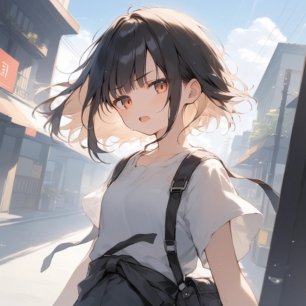 score_9, score_8_up, score_7_up, source_anime, best quality, masterpiece, official art, absurdres, highres, ultra-detailed,waifu2x,Collection: Slice of Life,break,1girl, tomboy, short hair, blunt bangs, bob cut, small breasts, serious eyes, beautiful detailed eyes, ninja, bike shorts, sweat, open mouth, heavy breathing, outdoors, wind, break,(clear line illustration:1.2),very high resolution, very aesthetic, super detailed skin, Best sexual lighting powered by famous artist, 8k,cute picture,beauty illustration,photoshop_(medium),,(Detailed Lighting),best anime 8k konachan wallpaper, pixiv contest winner,