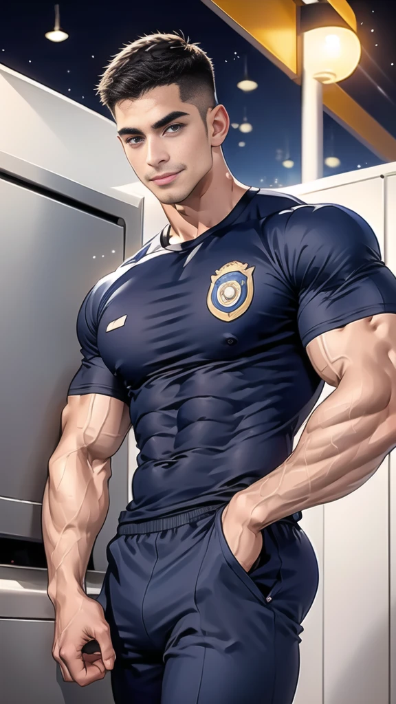 (handsome Man),(Thin mustache:1.1),(crew cut short hair:1.5),black eye,
(navy blue tight-fitting round neck short sleeve T-shirt:1.3),(Police badge:1.3),navy blue cargo pants,(navy_gloves:1,3),
Korean guy,chest muscles,large arm muscles,blood vessel,Big muscles,Broad shoulders,(open mouth:1.2),(face up:1.2),(open eyes:1.5),middle of the road,smile,(City town:1.4),