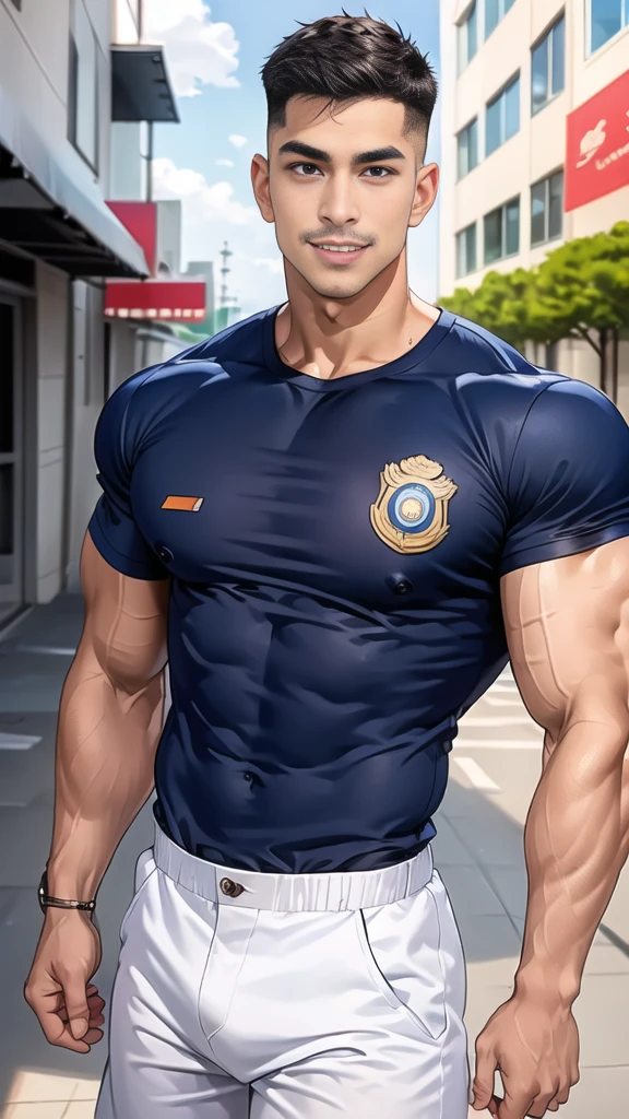 (handsome Man),(Thin mustache:1.1),(crew cut short hair:1.5),black eye,
(navy blue tight-fitting round neck short sleeve T-shirt:1.3),(Police badge:1.3),navy blue cargo pants,(navy_gloves:1,3),
Korean guy,chest muscles,large arm muscles,blood vessel,Big muscles,Broad shoulders,(open mouth:1.2),(face up:1.2),(open eyes:1.5),middle of the road,smile,(City town:1.4),