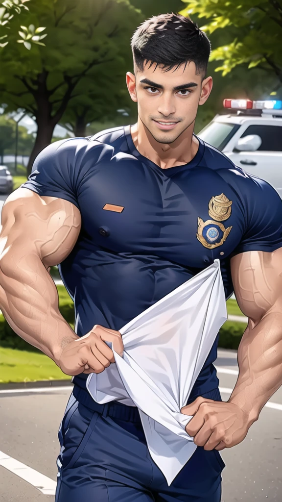 (handsome Man),(Thin mustache:1.1),(crew cut short hair:1.5),black eye,
(navy blue tight-fitting round neck short sleeve T-shirt:1.3),(Police badge:1.3),navy blue cargo pants,(navy_gloves:1,3),
Korean guy,chest muscles,large arm muscles,blood vessel,Big muscles,Broad shoulders,(open mouth:1.2),(face up:1.2),(open eyes:1.5),middle of the road,smile,(City town:1.4),