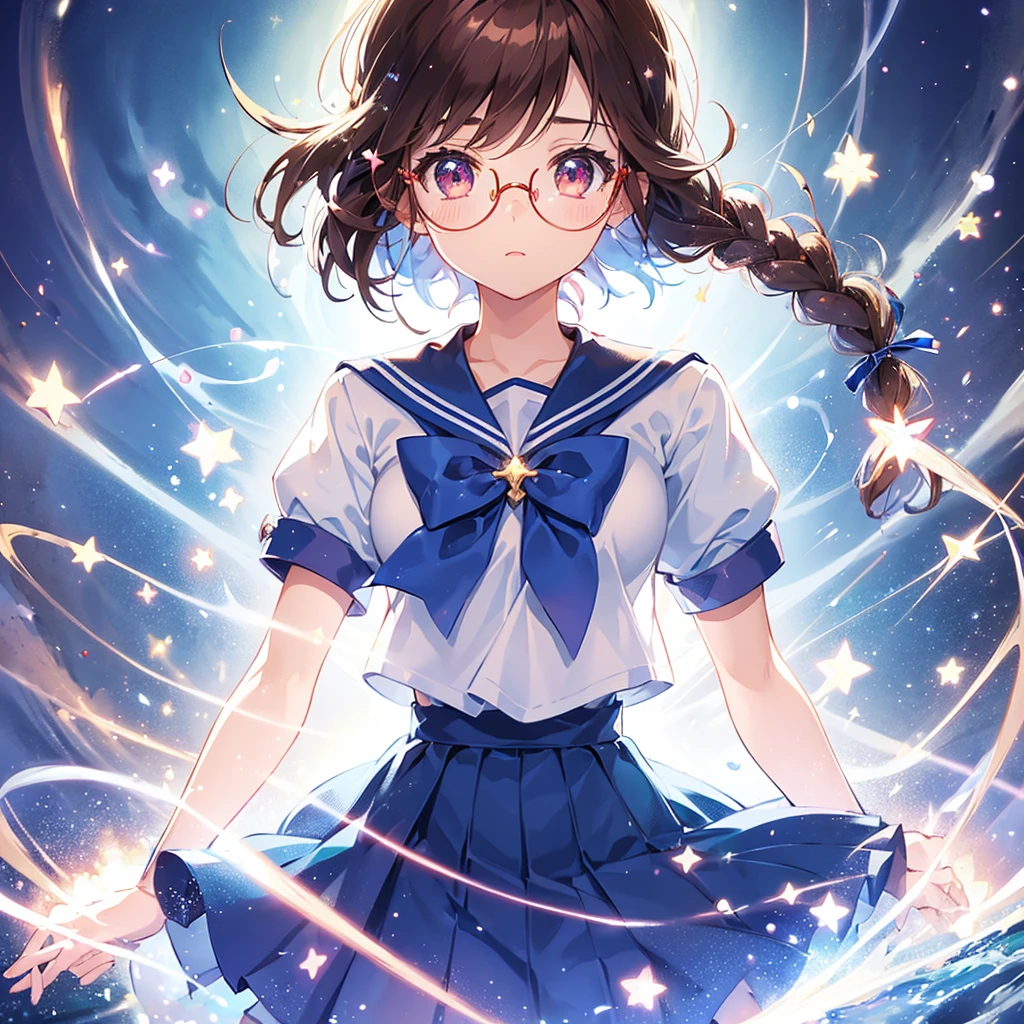 1girl, magical girl, transformation scene, glasses, brown eyes, long brown hair in single braid, sailor uniform with blue collar and skirt, red neckerchief, ((shimmering light particles:1.2) enveloping the girl's body), (large breasts), large buttocks, voluptuous, bright beams of light in the background
