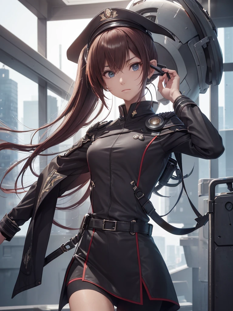 masterpiece, best quality, 8k, (highly detailed 3D rendering of a character named Ulc from SEGA's PSO2), elf-like female with pointed ears, (small gray woman's Garrison cap), (long straight dark red hair), (gray futuristic military-style uniform, including a fitted jacket with intricate white designs, shoulder epaulets, and a skirt), (annoyed, stupefied), (one hand near her ear as if she is communicating through a device), looking away, sunshine, (shiny skin)