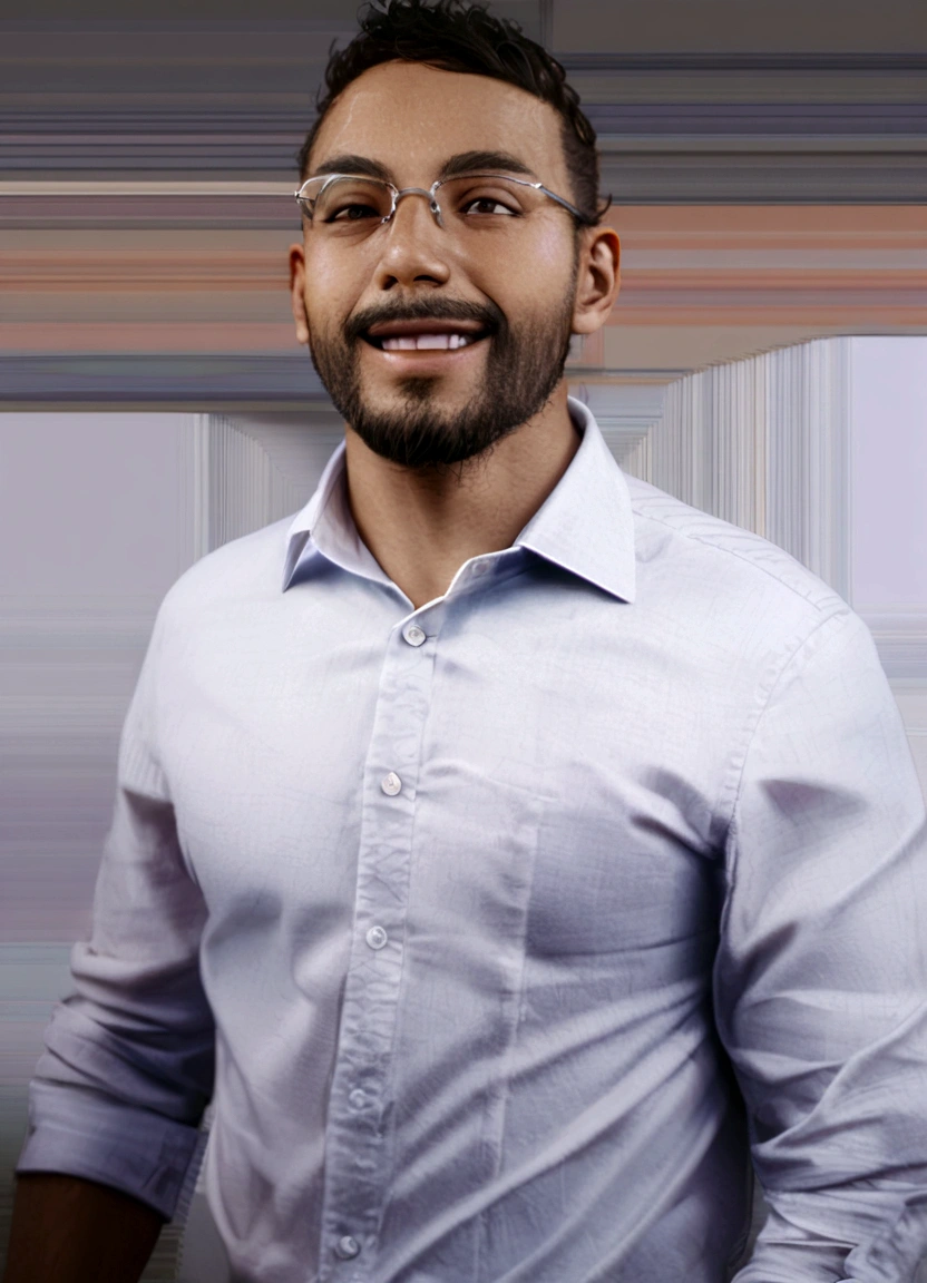 a happy young boy smiling with his hair and beard and dress shirt posing for a photo