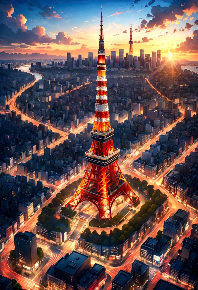 (Highest quality)(Masterpiece)Tokyo cityscape、Tokyo Tower、sunset