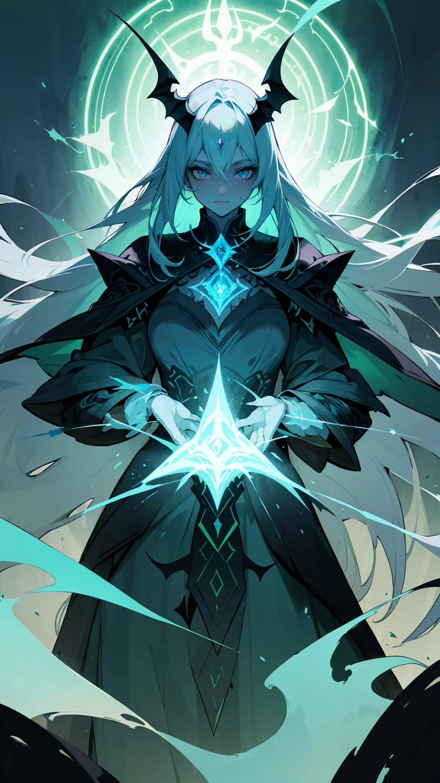 Create an illustration of a powerful dark elf sorceress with deep teal skin and long, flowing white hair. She has glowing green eyes and sharp features, with large, black horns on her head. Her attire is an intricate, dark green and black armor, adorned with magical elements. She has large, bat-like wings and is surrounded by a mystical, dark forest. The sorceress holds a green, glowing magical aura in one hand, radiating an ominous and commanding presence.- watercolor drawing on old scripts