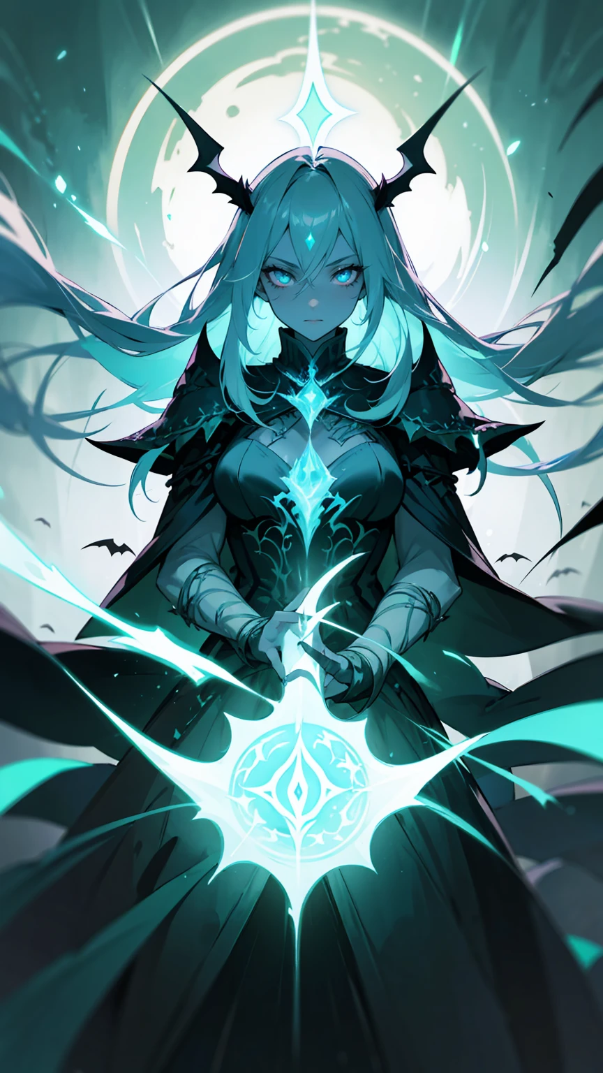 Create an illustration of a powerful dark elf sorceress with deep teal skin and long, flowing white hair. She has glowing green eyes and sharp features, with large, black horns on her head. Her attire is an intricate, dark green and black armor, adorned with magical elements. She has large, bat-like wings and is surrounded by a mystical, dark forest. The sorceress holds a green, glowing magical aura in one hand, radiating an ominous and commanding presence.- watercolor drawing on old scripts

