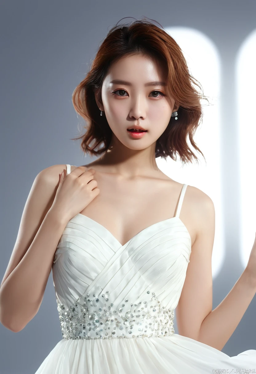(8K、RAW Photos、Highest quality、Masterpiece: 1.2)Highest quality, masterpiece, Ultra-high resolution、1 female((masterpiece, Highest quality)),(One personで:1.2),(One girl:1.2),((32K Wallpapers, Very detailed)),,(((The perfect one and only lady))),(((portfolio,close))),(((Front face))),(((Upper Body))),((highlight)),(((One person))),(((Full face))),(((Perfect composition))),((Gradient Eye)),Sparkling.Light leakage, (((Bring your fingers to your mouth))), (((White Dress)))Detailed hands