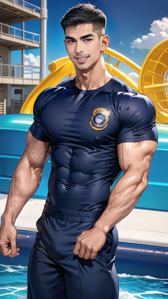 (handsome Man),(Thin mustache:1.1),(crew cut short hair:1.5),black eye,
(navy blue tight-fitting round neck short sleeve T-shirt:1.3),(Police badge:1.3),navy blue cargo pants,(navy_gloves:1,3),
Korean guy,chest muscles,large arm muscles,blood vessel,Big muscles,Broad shoulders,(open mouth:1.2),(face up:1.2),(open eyes:1.5),middle of the road,smile,(water park:1.4),