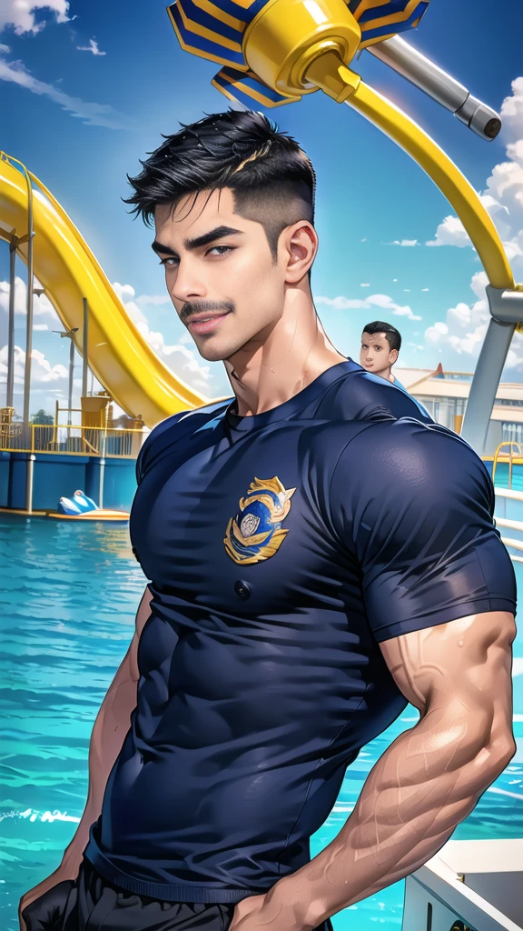 (handsome Man),(Thin mustache:1.1),(crew cut short hair:1.5),black eye,
(navy blue tight-fitting round neck short sleeve T-shirt:1.3),(Police badge:1.3),navy blue cargo pants,(navy_gloves:1,3),
Korean guy,chest muscles,large arm muscles,blood vessel,Big muscles,Broad shoulders,(open mouth:1.2),(face up:1.2),(open eyes:1.5),middle of the road,smile,(water park:1.4),