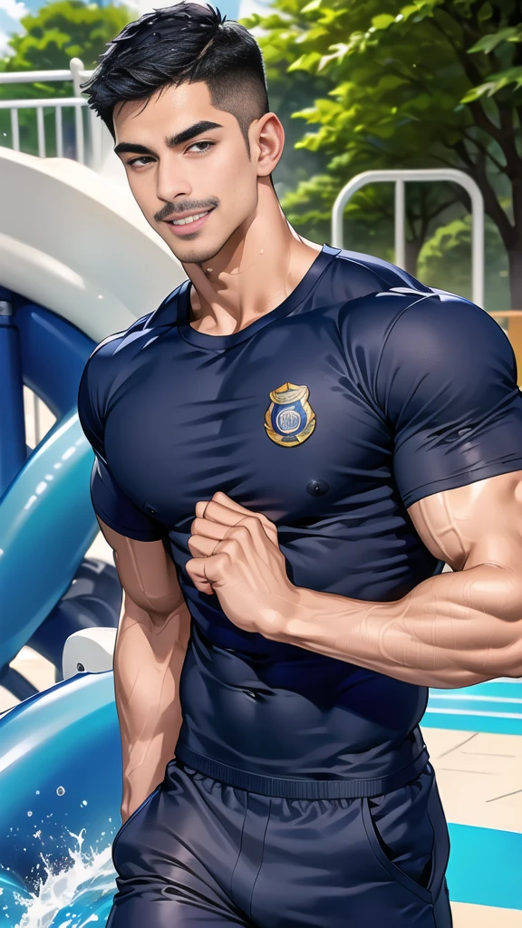 (handsome Man),(Thin mustache:1.1),(crew cut short hair:1.5),black eye,
(navy blue tight-fitting round neck short sleeve T-shirt:1.3),(Police badge:1.3),navy blue cargo pants,(navy_gloves:1,3),
Korean guy,chest muscles,large arm muscles,blood vessel,Big muscles,Broad shoulders,(open mouth:1.2),(face up:1.2),(open eyes:1.5),middle of the road,smile,(water park:1.4),