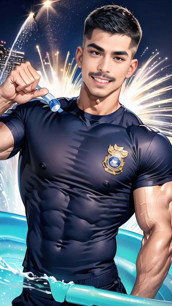 (handsome Man),(Thin mustache:1.1),(crew cut short hair:1.5),black eye,
(navy blue tight-fitting round neck short sleeve T-shirt:1.3),(Police badge:1.3),navy blue cargo pants,(navy_gloves:1,3),
Korean guy,chest muscles,large arm muscles,blood vessel,Big muscles,Broad shoulders,(open mouth:1.2),(face up:1.2),(open eyes:1.5),middle of the road,smile,(water park:1.4),