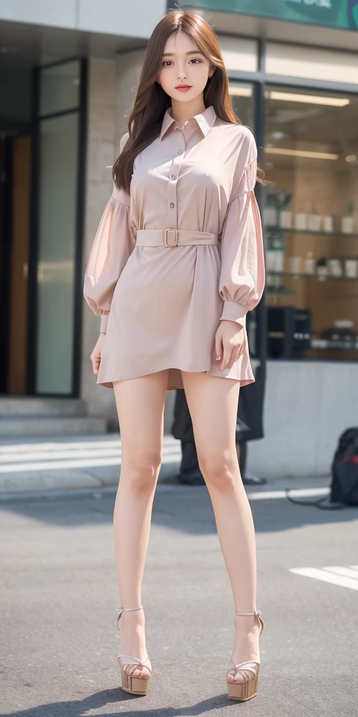 mix4, 20d, solo, long_hair, shirt, dress, high_heels, full_body, look_at_viewer, (8k, RAW photo, best quality, mastery:1.2), (realistic, photo-realistic:1.37), professional lighting, photon mapping, light energy transfer, physically based rendering,