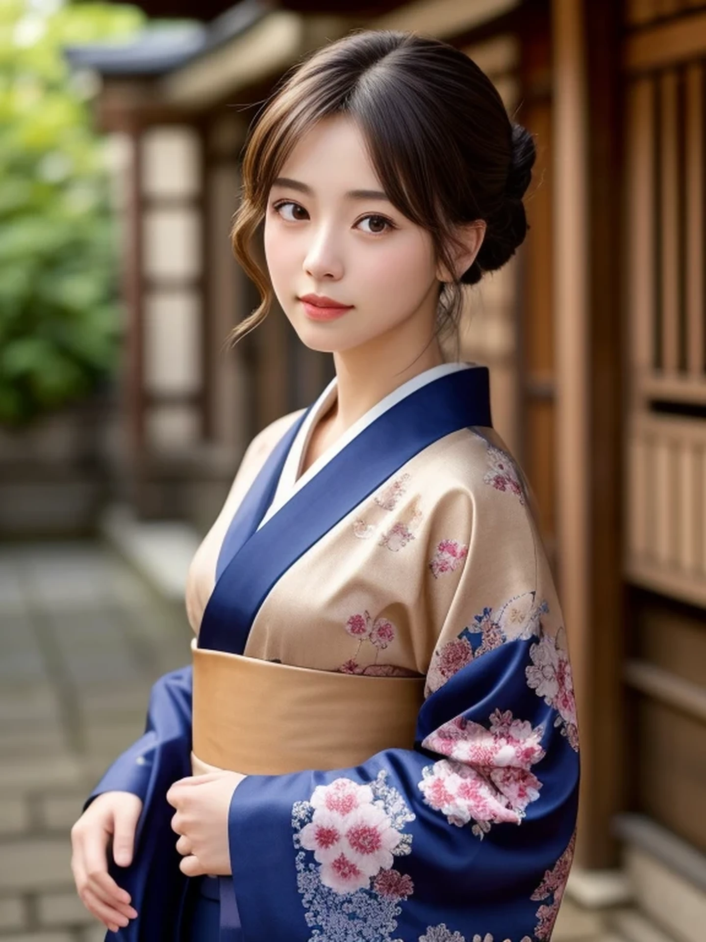 1 Japanese girl, looking up:1.4), (full body shot:1.2), Beautifully detailed eyeballs, catchlight in the eyes, Realistic digital painting of a woman portrait, Shy, Cute, open mouth to say something, happy, brown eyes, (half updo,:1.1), (light brown brunette hair:1.3), (Highly detailed skin:1.2), Mystical style, Global Illumination, Traditional Japanese floral printed Kimono, A silk kimono with a deep indigo base. temple