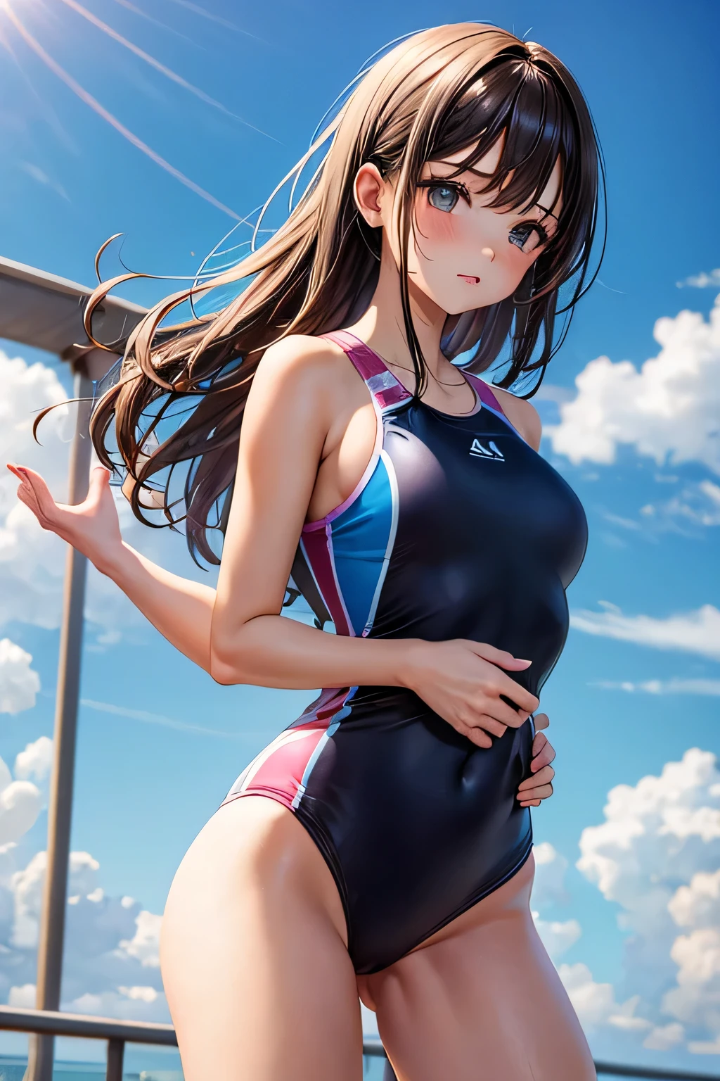 girl in sport swimsuit with inprint from vagina, standing
