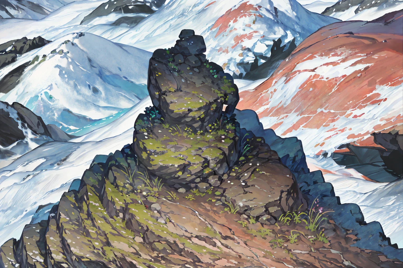 summer, rocky area, rock formation, (illustration : 1.0), Narrative composition, realistic lighting, HD detail, masterpiece, best quality best, (Highly detailed CG integrated 8k wallpaper), wide and flat rocky area, A small, sharp, rough rock at the top of the screen.