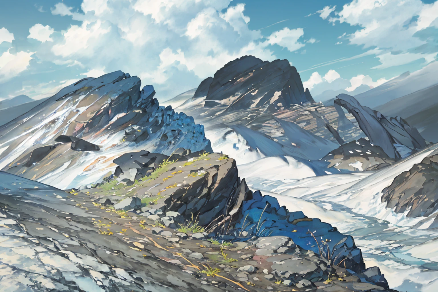 summer, rocky area, rock formation, (illustration : 1.0), Narrative composition, realistic lighting, HD detail, masterpiece, best quality best, (Highly detailed CG integrated 8k wallpaper), wide and flat rocky area, A small, sharp, rough rock at the top of the screen.