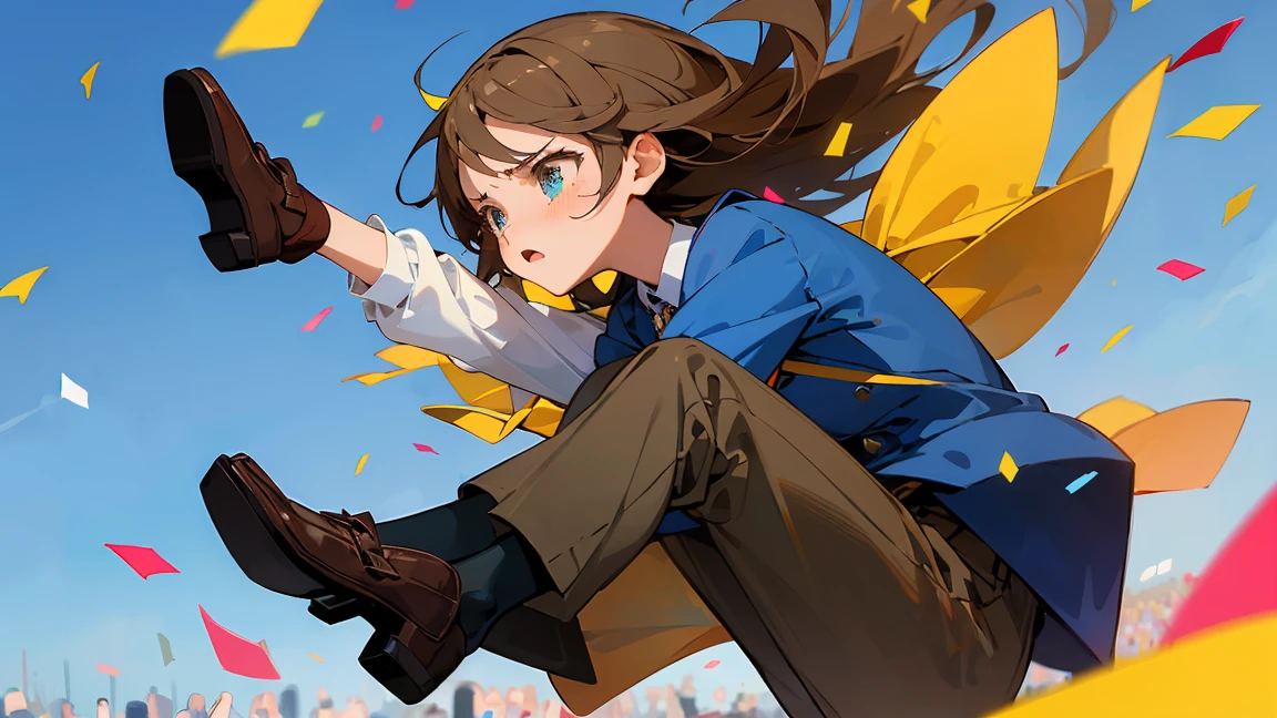 ((Highest quality)), ((masterpiece)), ((Very detailed)),Floatingする女の子,Angry expression,floating,Floating,Confetti,Brown Hair,tears,Levitating,Blue sky background,Feet in the air,tears,gravity,loafers,profile