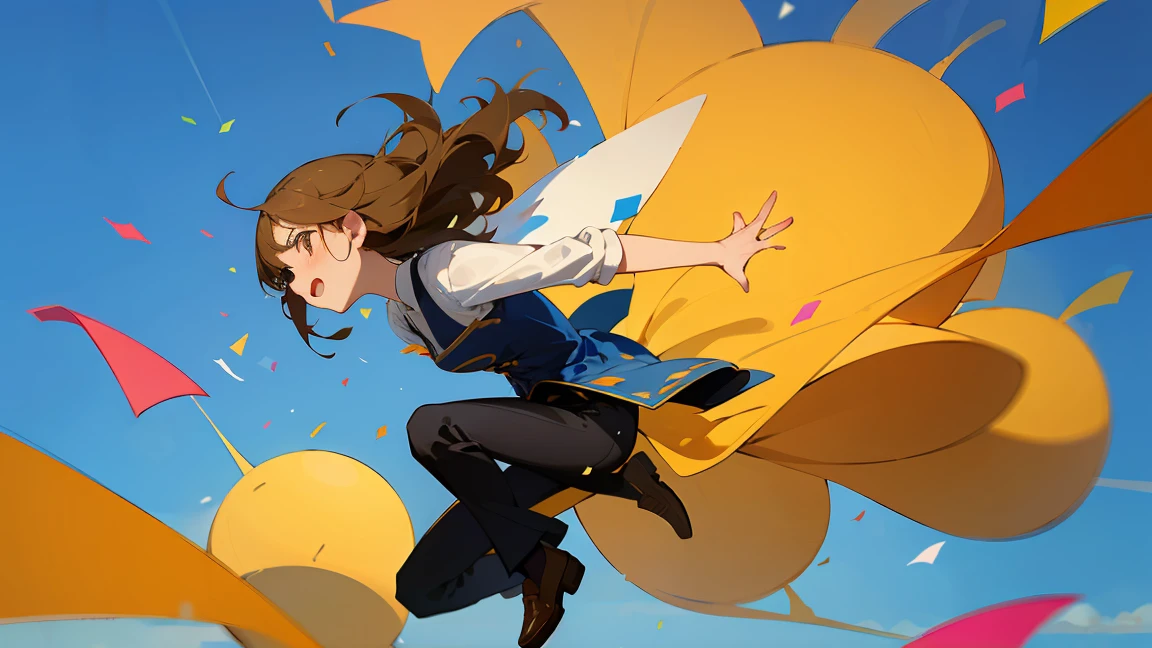 ((Highest quality)), ((masterpiece)), ((Very detailed)),Floatingする***,Angry expression，floating，Floating，Confetti，Brown Hair,tears,Levitating,Blue sky background,Feet in the air,tears,gravity,loafers,profile