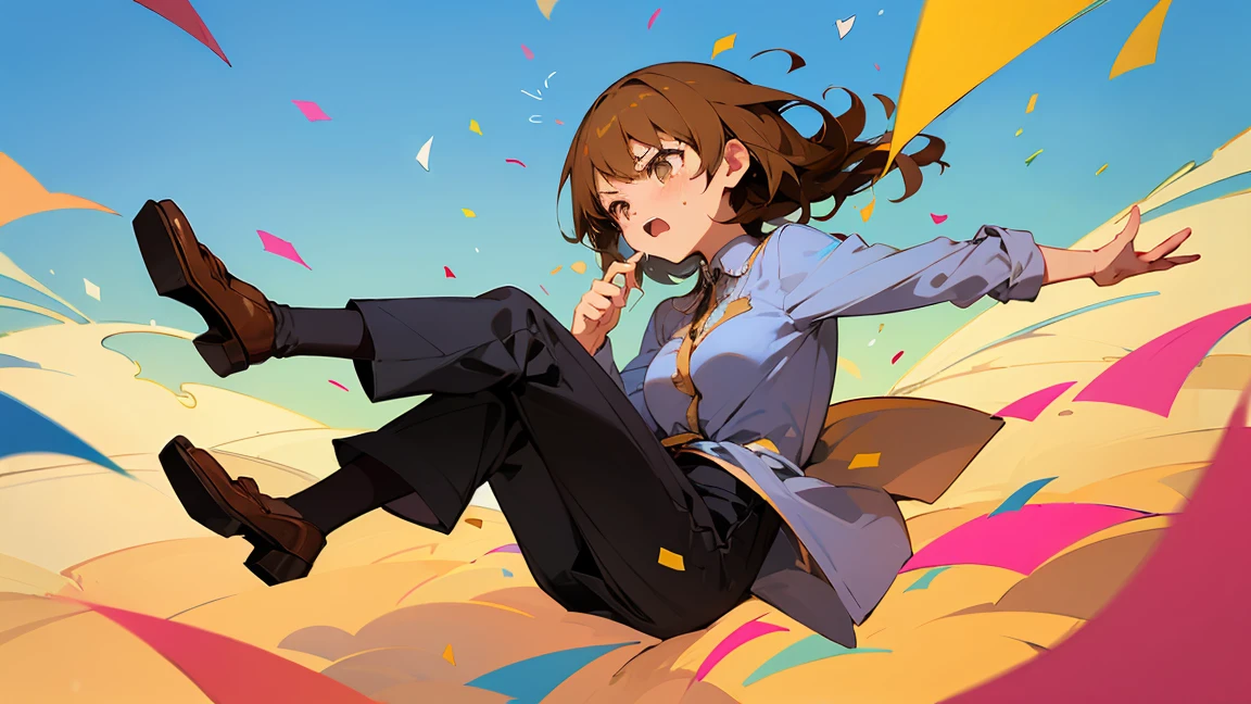 ((Highest quality)), ((masterpiece)), ((Very detailed)),Floatingする女の子,Angry expression，floating，Floating，Confetti，Brown Hair,tears,Levitating,Blue sky background,Feet in the air,tears,gravity,loafers,profile