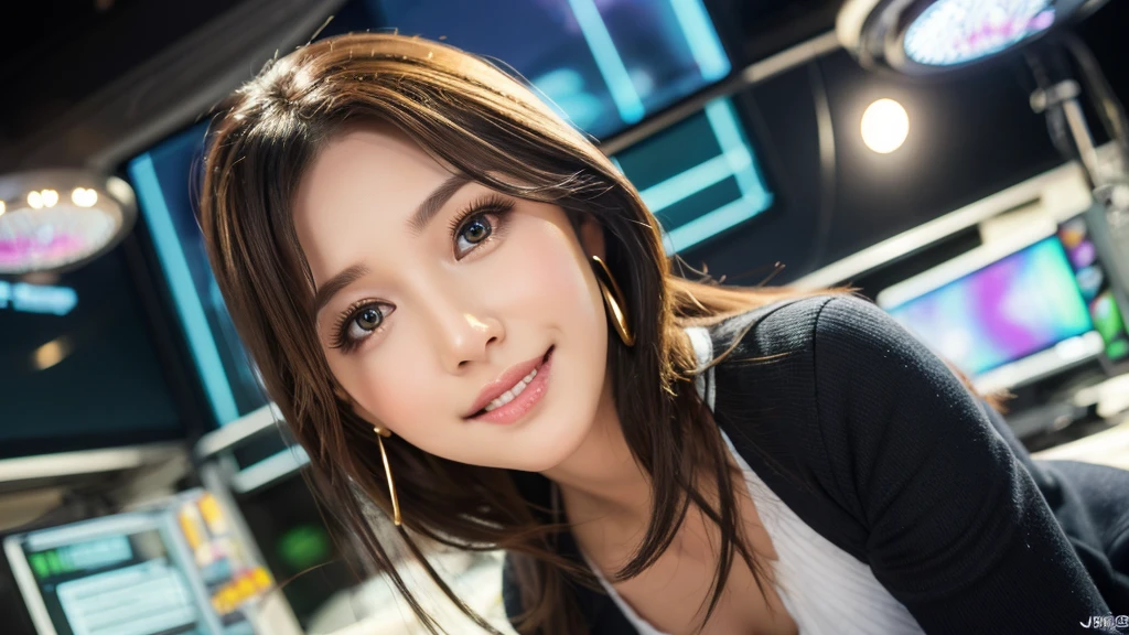 one person、female newscaster、young、beautiful、Female announcer、Shaped face contour、Long Hair、Brown Hair、Fine iris、Elegant、Sexy face、Glowing Skin、Juicy lips、An open, seductive smile、Thick eyelasheodel Body Type、Earrings、black stockings、blush、suit、Tight mini skirt、Perfect lighting、Perfect Shadow、Perfect Anatomy(((masterpiece))), ((highest quality)), ((Super detailed)), (CG illustration), (Very wicked and beautiful)), (Cute Desktop Face)
