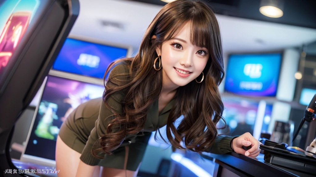 one person、female newscaster、young、beautiful、Female announcer、Shaped face contour、Long Hair、Brown Hair、Fine iris、Elegant、Sexy face、Glowing Skin、Juicy lips、An open, seductive smile、Thick eyelasheodel Body Type、Earrings、black stockings、blush、suit、Tight mini skirt、Perfect lighting、Perfect Shadow、Perfect Anatomy(((masterpiece))), ((highest quality)), ((Super detailed)), (CG illustration), (Very wicked and beautiful)), (Cute Desktop Face)