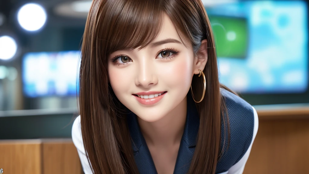 one person、female newscaster、young、beautiful、Female announcer、Shaped face contour、Long Hair、Brown Hair、Fine iris、Elegant、Sexy face、Glowing Skin、Juicy lips、An open, seductive smile、Thick eyelasheodel Body Type、Earrings、black stockings、blush、suit、Tight mini skirt、Perfect lighting、Perfect Shadow、Perfect Anatomy(((masterpiece))), ((highest quality)), ((Super detailed)), (CG illustration), (Very wicked and beautiful)), (Cute Desktop Face)